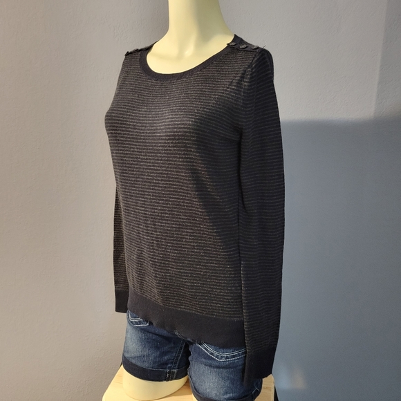 Ann Taylor Loft Navy Blue & Gray Striped Button Shoulder Detail Sweater. - Picture 2 of 6
